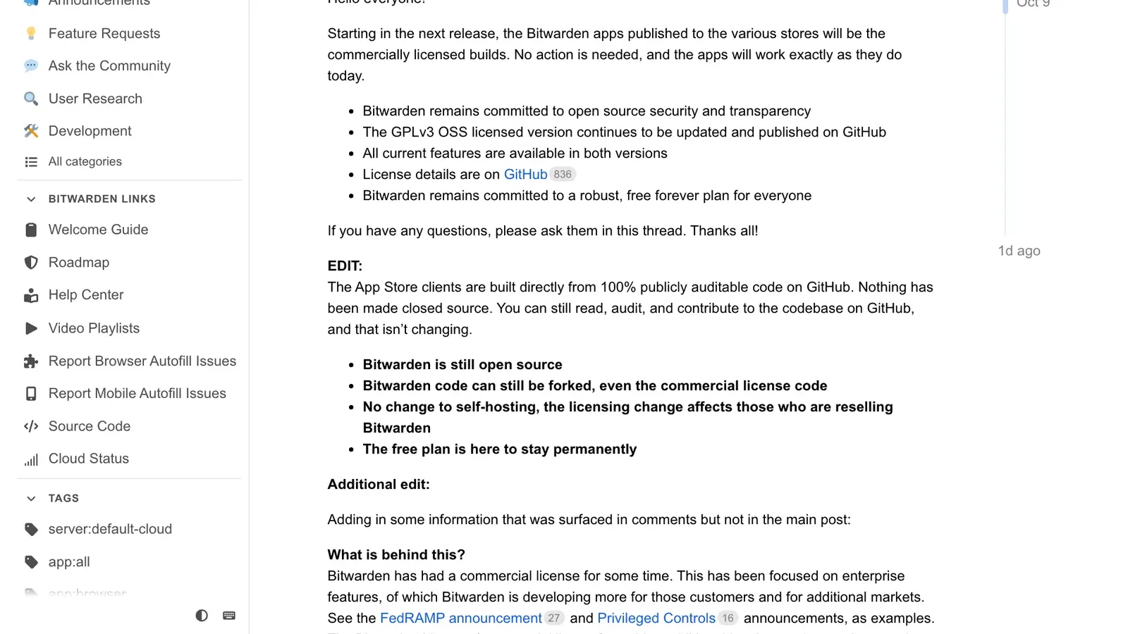 ภาพหน้าจอประกาศ Published version update in app stores ในฟอรัมชุมชน Bitwarden โดยพนักงาน Bitwarden ลงวันที่ 9 ตุลาคม 2026 เรื่องไลเซนส์ Bitwarden ของแอปในสโตร์