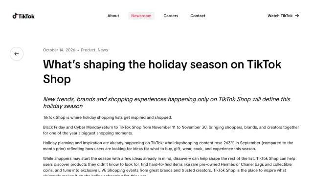 หน้าประกาศ TikTok Newsroom วันที่ 14 ตุลาคม 2026 ระบุว่า Black Friday และ Cyber Monday กลับมาบน TikTok Shop 11 ถึง 30 พฤศจิกายน
