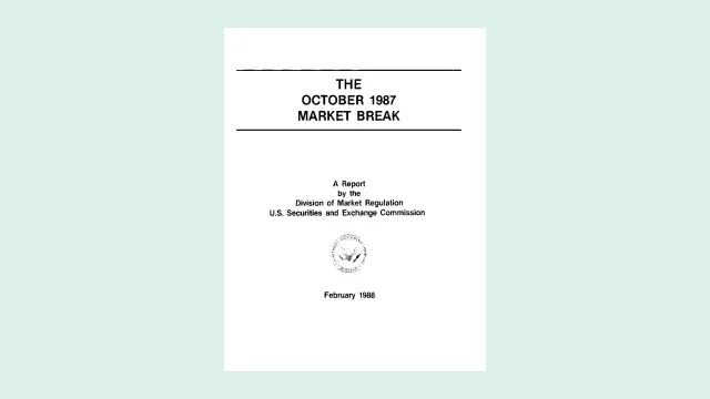 ปกรายงาน The October 1987 Market Break ของสำนักกำกับตลาด คณะกรรมการ ก.ล.ต. สหรัฐฯ (SEC) ฉบับกุมภาพันธ์ 1988 ซึ่งวิเคราะห์เหตุการณ์ Black Monday