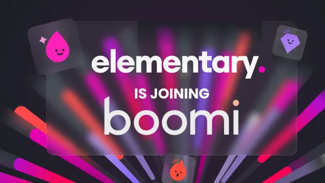 ภาพประกาศ Boomi ซื้อ Elementary Data ข้อความ elementary is joining boomi บนพื้นหลังสีม่วงเข้มพร้อมตัวการ์ตูนรูปหยดน้ำ