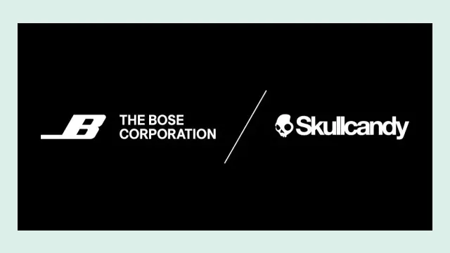 ภาพประกาศ Bose ซื้อ Skullcandy แสดงโลโก้ The Bose Corporation คู่กับโลโก้ Skullcandy บนพื้นดำ