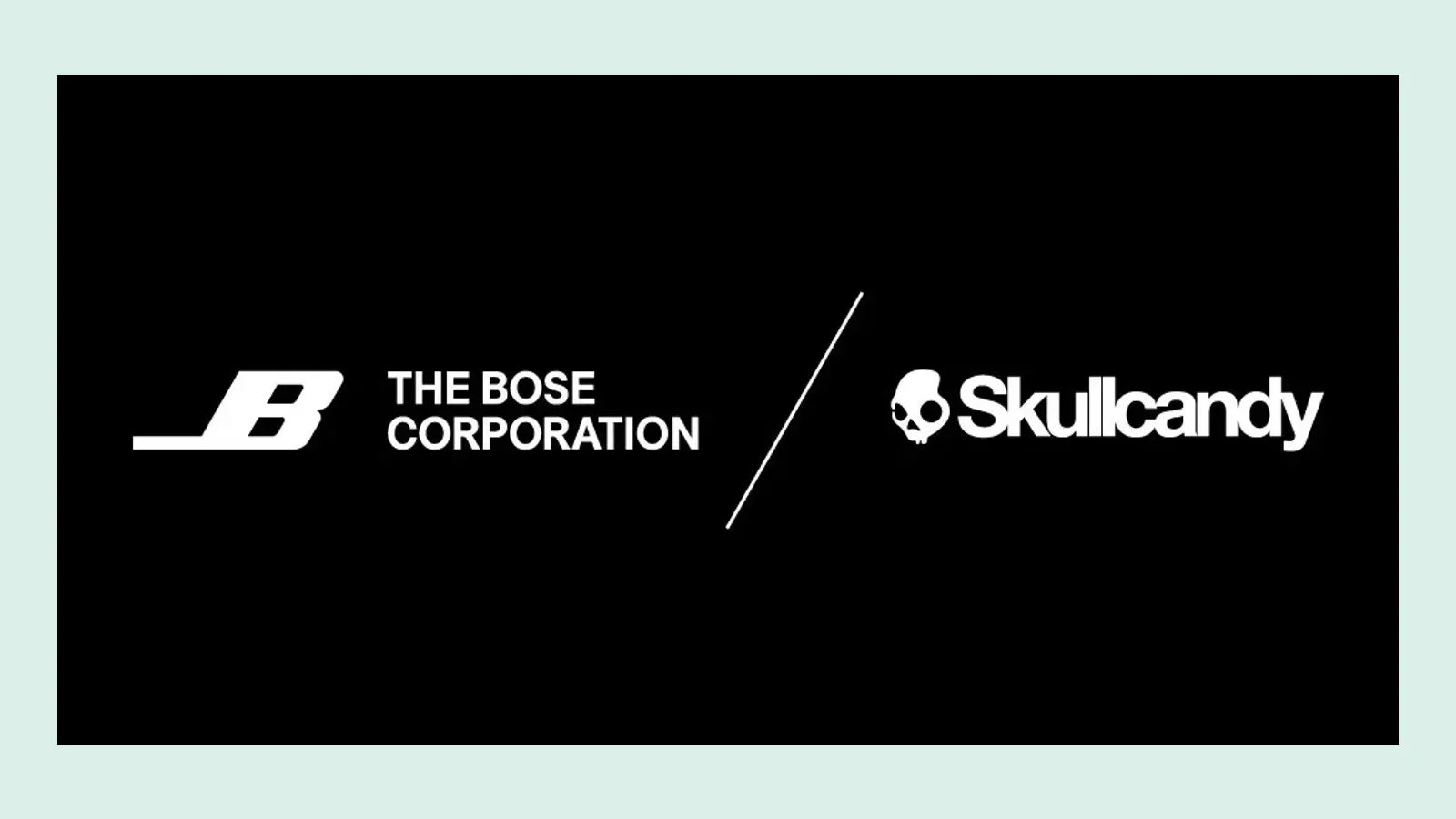 ภาพประกาศ Bose ซื้อ Skullcandy แสดงโลโก้ The Bose Corporation คู่กับโลโก้ Skullcandy บนพื้นดำ