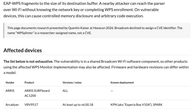 หน้าเอกสาร WPSplinter ของ Quentin Kaiser อธิบาย Broadcom WPS EAP fragment reassembly vulnerability ระบุว่าผู้โจมตีใกล้เคียงไม่ต้องรู้รหัสผ่าน Wi-Fi และ Broadcom ปฏิเสธการออก CVE พร้อมตารางอุปกรณ์ที่ได้รับผลกระทบ