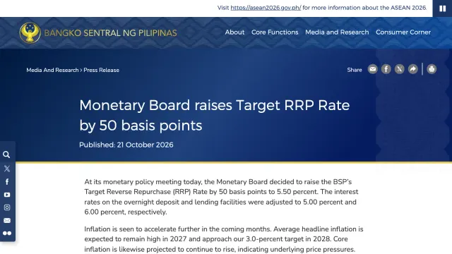 หน้าแถลงข่าวของธนาคารกลางฟิลิปปินส์ (BSP) เรื่อง Monetary Board ขึ้นอัตรา Target RRP 50 basis points เป็น 5.50% ซึ่งเป็นการที่ BSP ขึ้นดอกเบี้ยครั้งที่ 4 ติดต่อกัน