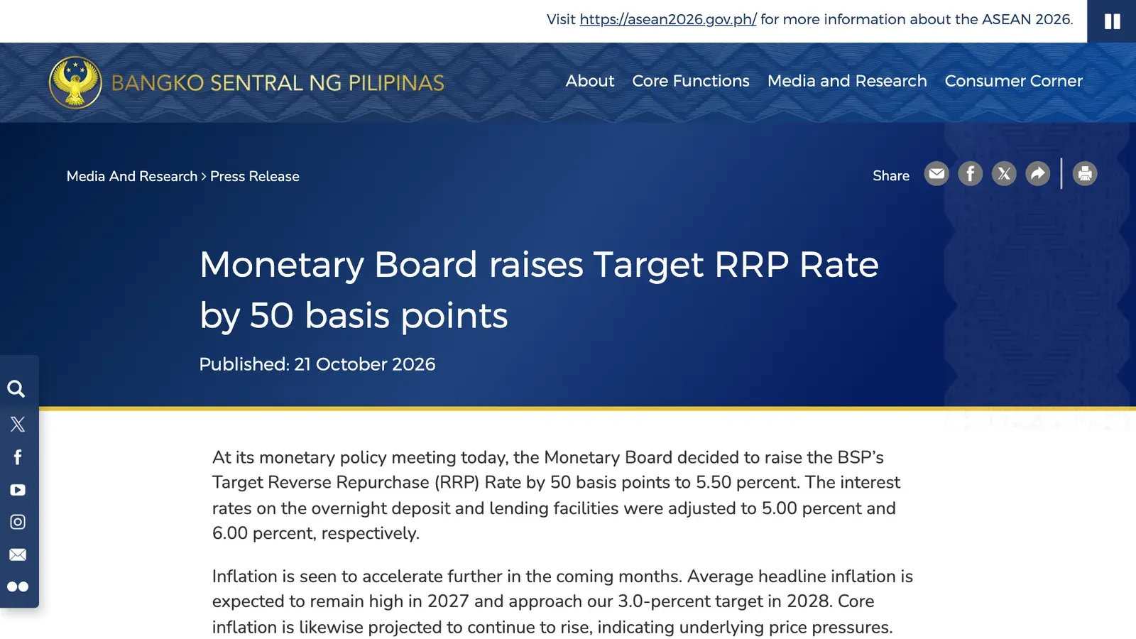 หน้าแถลงข่าวของธนาคารกลางฟิลิปปินส์ (BSP) เรื่อง Monetary Board ขึ้นอัตรา Target RRP 50 basis points เป็น 5.50% ซึ่งเป็นการที่ BSP ขึ้นดอกเบี้ยครั้งที่ 4 ติดต่อกัน
