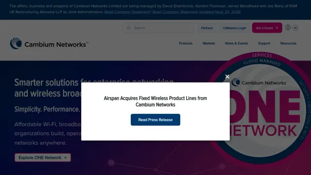 ภาพหน้าจอเว็บไซต์ Cambium Networks แสดงแถบประกาศว่ากิจการอยู่ภายใต้การจัดการของ Joint Administrators จาก RSM UK และประกาศขายสายผลิตภัณฑ์ Fixed Wireless ให้ Airspan