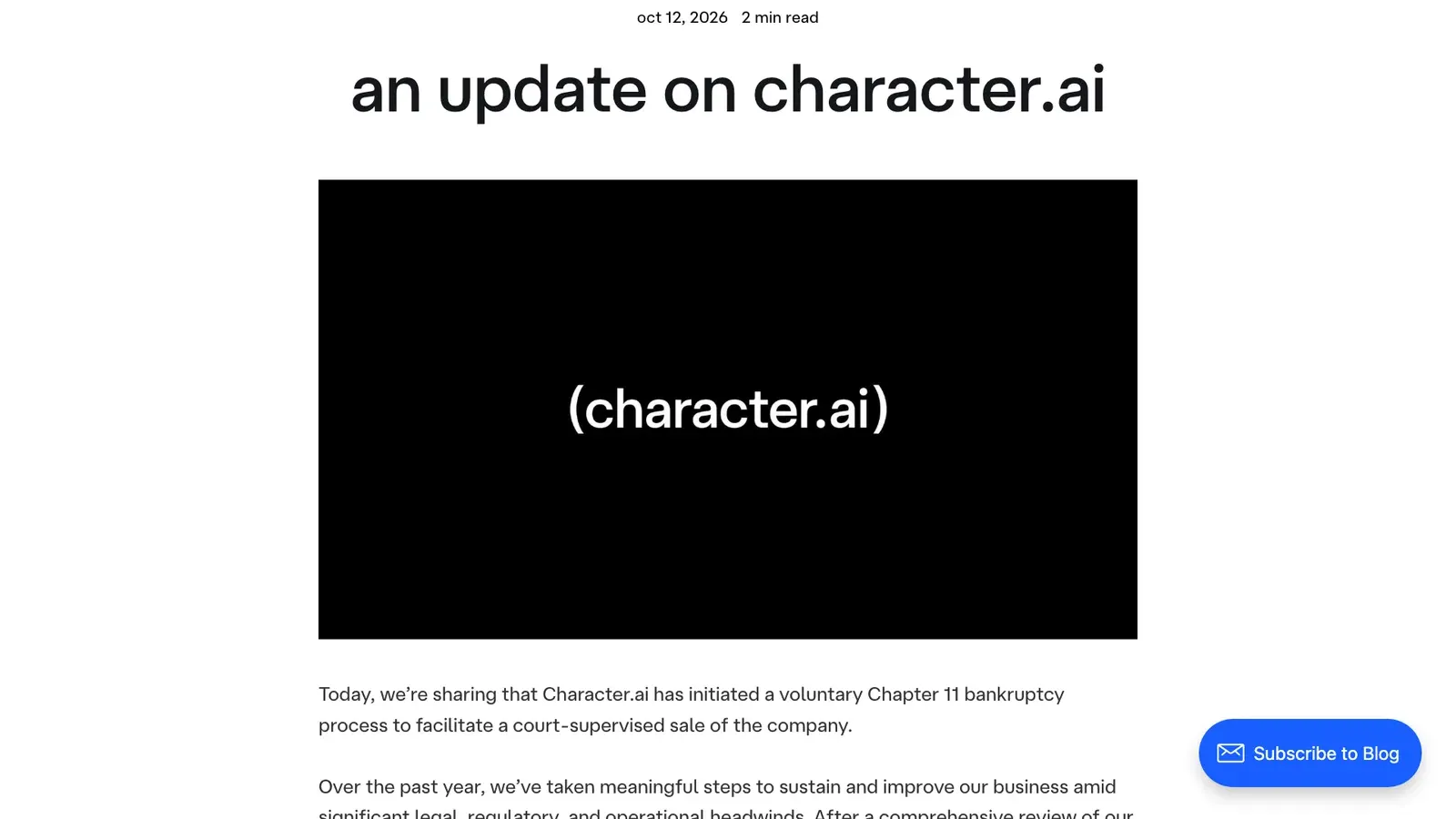 หน้าบล็อก An Update on Character.ai ลงวันที่ 12 ตุลาคม 2026 ที่ Character.AI แจ้งว่าเริ่มกระบวนการ Chapter 11 เพื่อขายกิจการภายใต้การดูแลของศาล