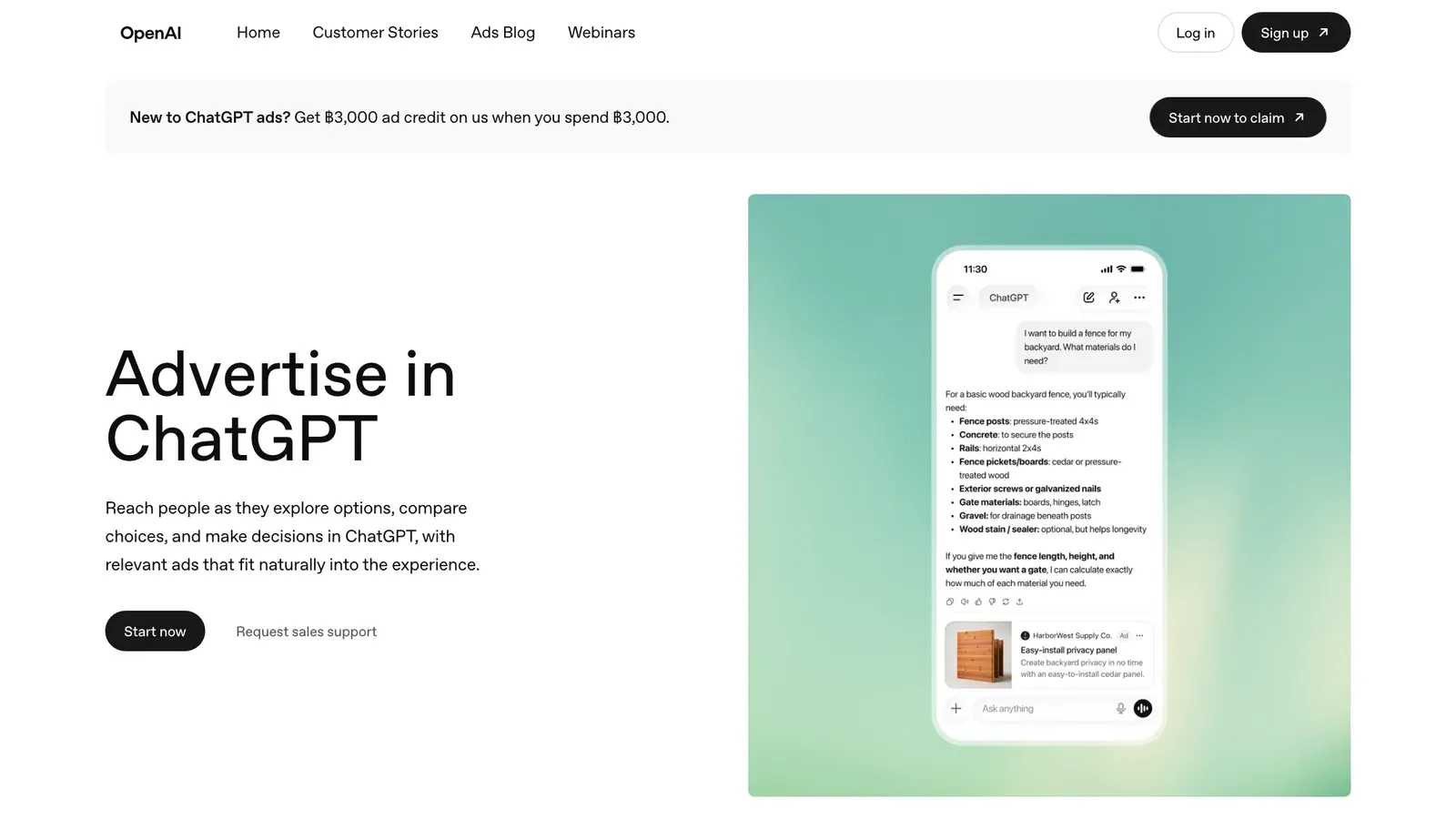 หน้า ads.openai.com เมื่อเปิดจากประเทศไทย ข้อความ Advertise in ChatGPT พร้อมข้อเสนอเครดิตโฆษณา 3,000 บาทเมื่อใช้จ่ายครบ 3,000 บาท สำหรับผู้เริ่มลง ChatGPT Ads ในไทย และตัวอย่างโฆษณาใต้คำตอบ