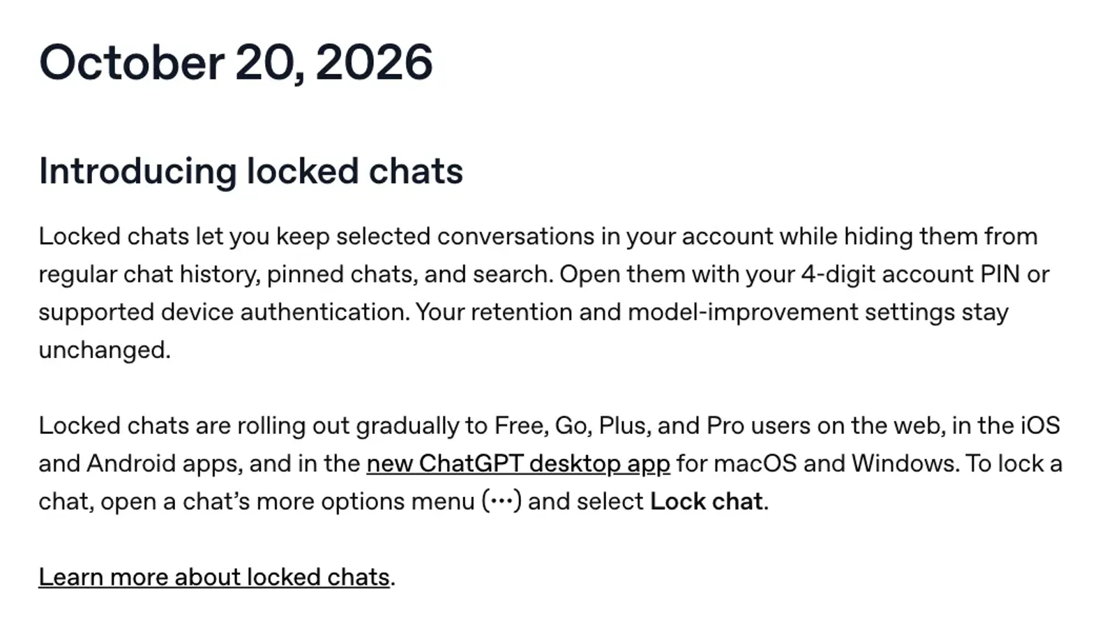 บันทึกรุ่น ChatGPT วันที่ 20 ตุลาคม 2026 หัวข้อ Introducing locked chats ประกาศล็อกแชต ChatGPT ด้วย PIN 4 หลักหรือการยืนยันตัวตนของเครื่อง