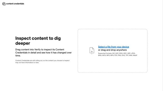 หน้า Content Credentials Verify สำหรับลากไฟล์มาตรวจประวัติการสร้างและแก้ไขตามมาตรฐาน C2PA รองรับ 16 รูปแบบไฟล์ เช่น JPEG, PNG, HEIC, MP4 และ PDF