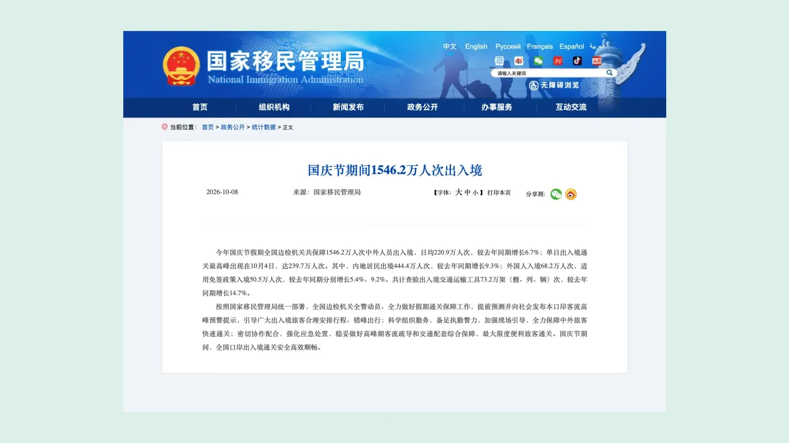 ประกาศของสำนักงานตรวจคนเข้าเมืองแห่งชาติของจีน (NIA) วันที่ 8 ตุลาคม 2026 รายงานการผ่านด่านช่วง Golden Week วันชาติ 15.462 ล้านครั้ง เพิ่มขึ้น 6.7%