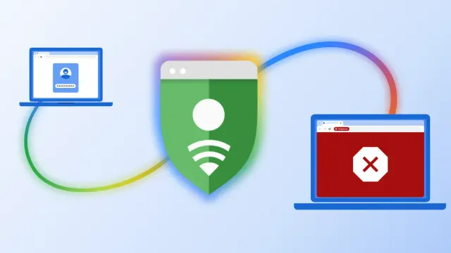 ภาพประกอบประกาศการป้องกันเว็บหลอกลวงของ Chrome รูปโล่ Safe Browsing เชื่อมระหว่างหน้าจอล็อกอินกับหน้าเตือนเว็บอันตรายสีแดง