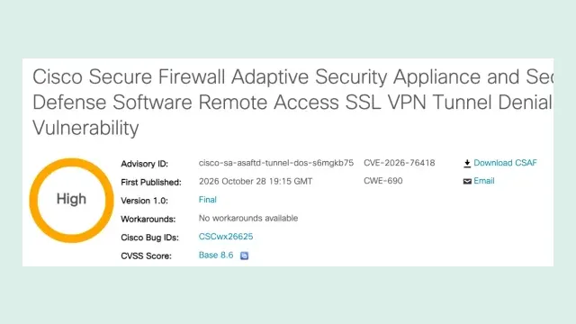หน้าประกาศ Cisco Security Advisory ของ CVE-2026-76418 ระดับ High เผยแพร่ 28 ตุลาคม 2026 เวลา 19:15 GMT คะแนน CVSS 8.6 และระบุว่าไม่มี workaround