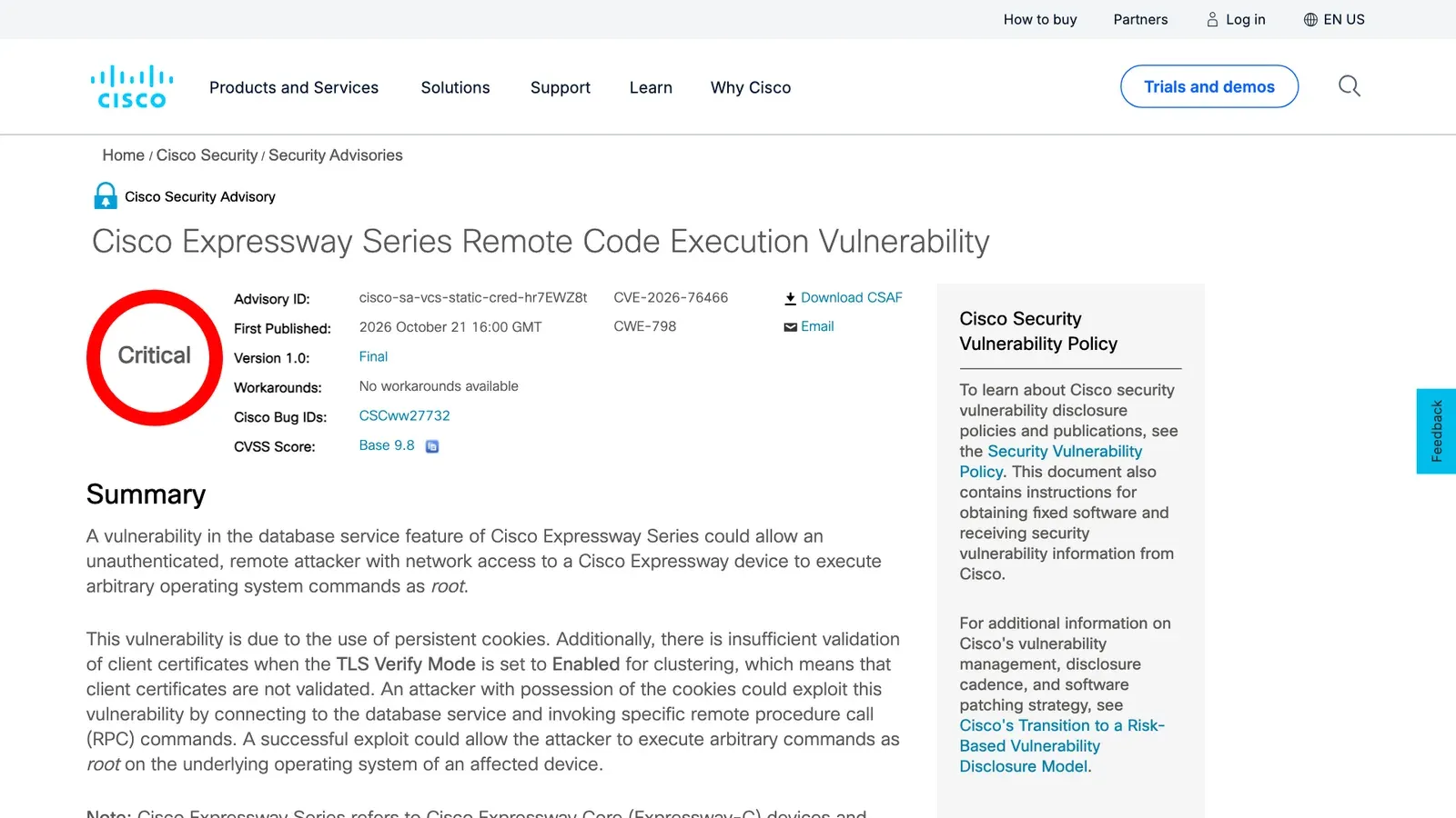 หน้าประกาศ Cisco Security Advisory ช่องโหว่ Cisco Expressway Series Remote Code Execution CVE-2026-76466 ระดับ Critical คะแนน Base 9.8 เผยแพร่ 21 ตุลาคม 2026 ไม่มี workaround