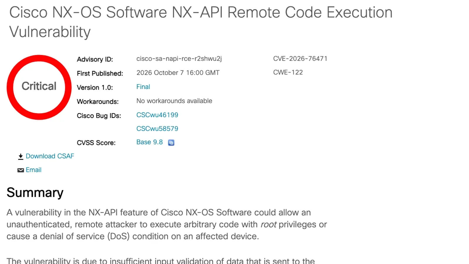 ภาพหน้าจอประกาศ Cisco NX-OS Software NX-API Remote Code Execution Vulnerability ระดับ Critical CVE-2026-76471 คะแนน CVSS 9.8 เผยแพร่ 7 ตุลาคม 2026