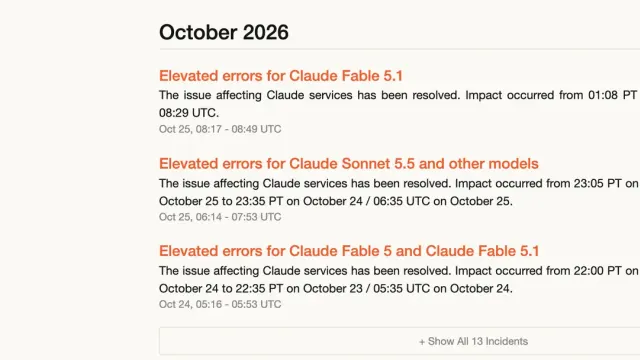 ภาพหน้าจอหน้าประวัติเหตุของ Claude Status เดือนตุลาคม 2026 แสดงเหตุ Claude ล่ม ต.ค. 2569: Elevated errors for Claude Fable 5.1, Claude Sonnet 5.5 and other models และ Claude Fable 5 and Claude Fable 5.1 พร้อมช่วงเวลา UTC
