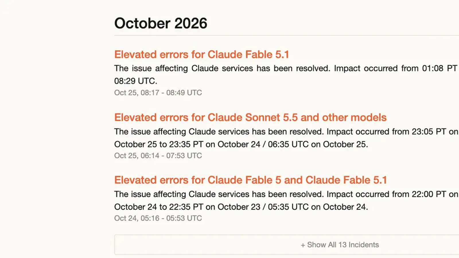 ภาพหน้าจอหน้าประวัติเหตุของ Claude Status เดือนตุลาคม 2026 แสดงเหตุ Claude ล่ม ต.ค. 2569: Elevated errors for Claude Fable 5.1, Claude Sonnet 5.5 and other models และ Claude Fable 5 and Claude Fable 5.1 พร้อมช่วงเวลา UTC