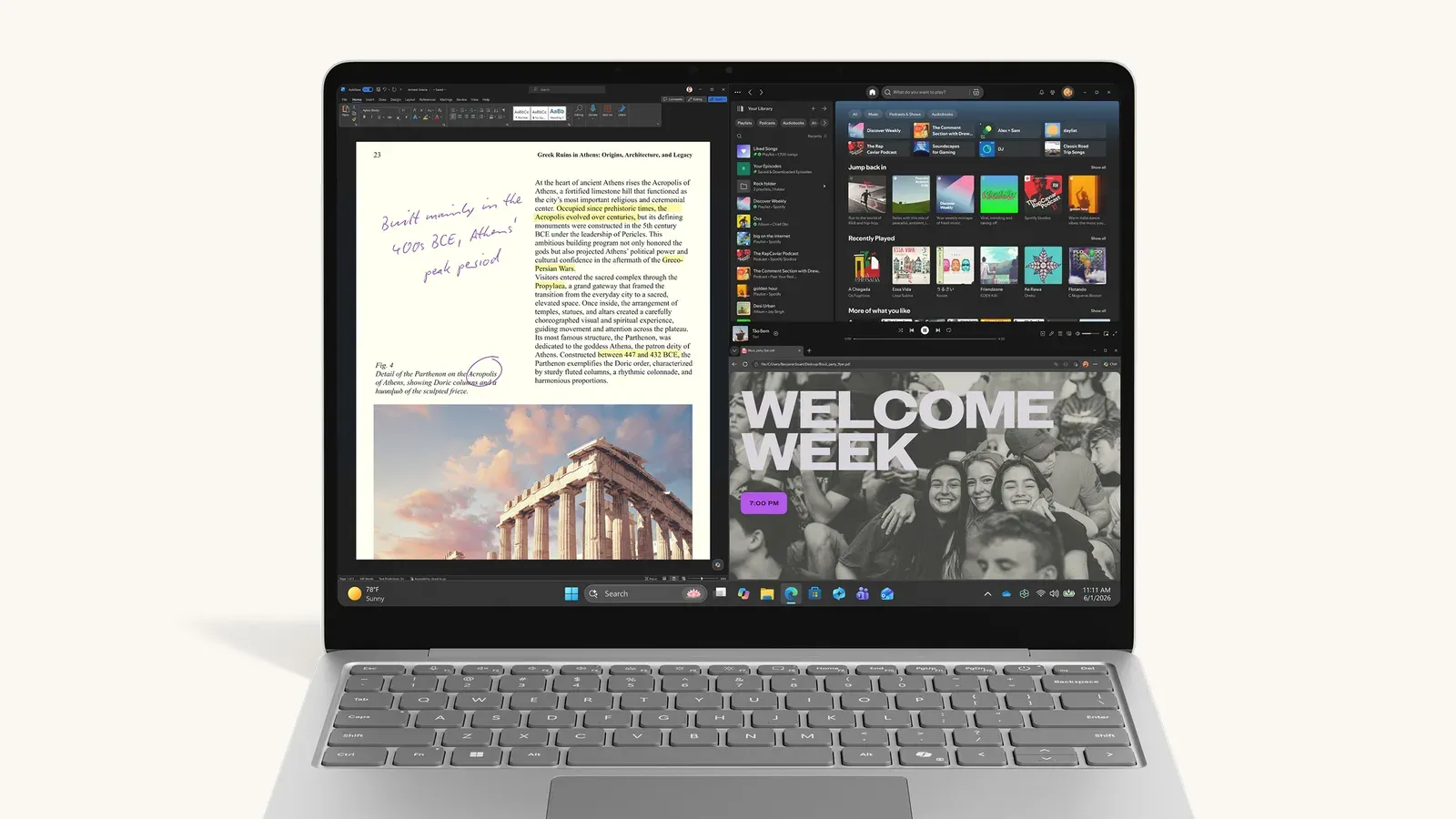 แล็ปท็อป Surface Laptop สีแพลทินัมเปิดหน้าจอ Windows 11