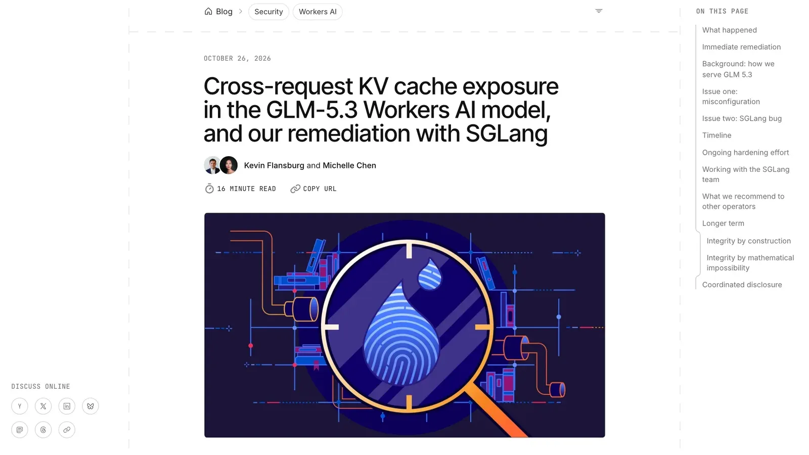 หน้าบล็อก Cloudflare วันที่ 26 ตุลาคม 2026 เรื่อง Cross-request KV cache exposure in the GLM-5.3 Workers AI model, and our remediation with SGLang