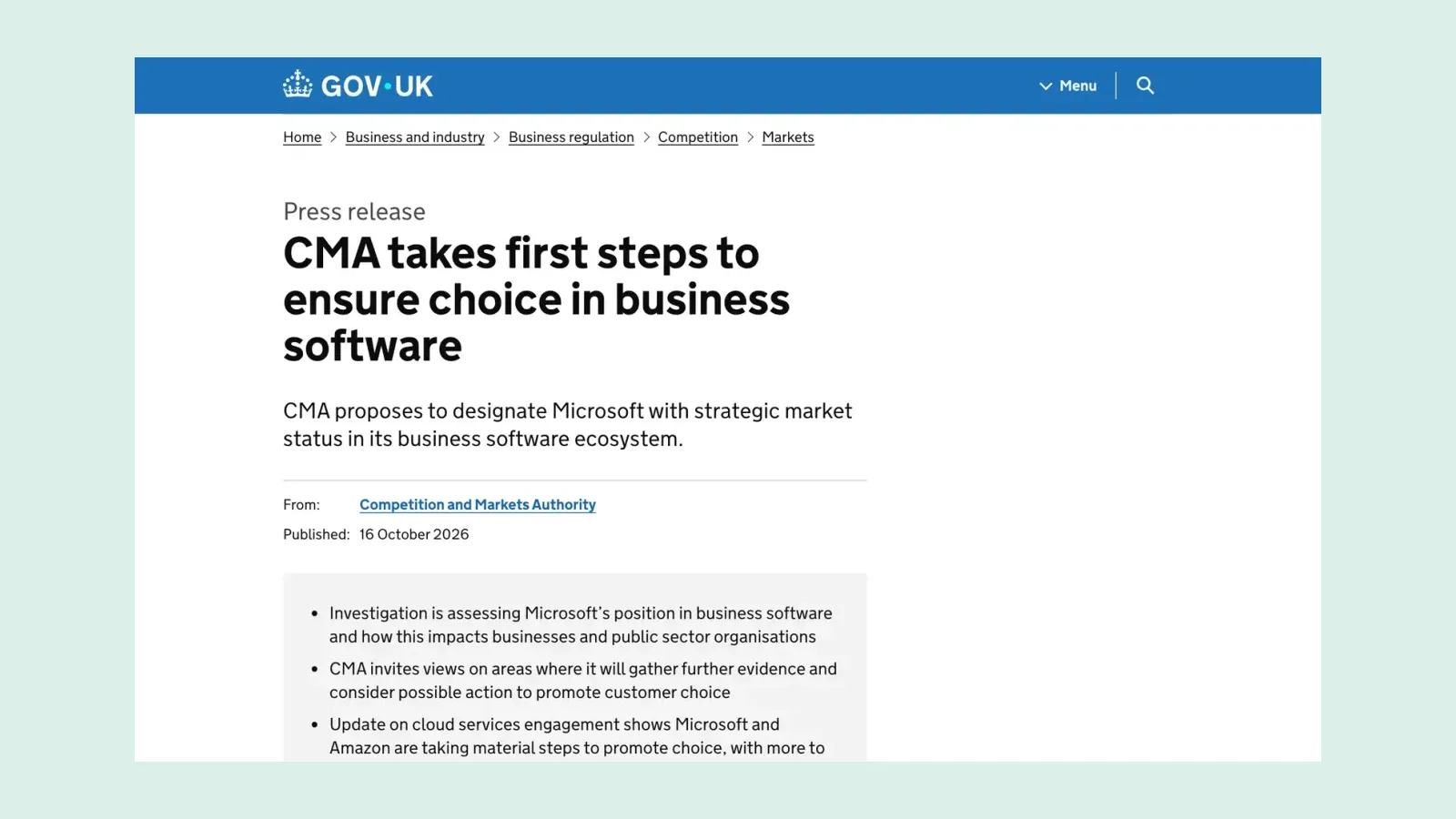หน้าข่าวประชาสัมพันธ์ CMA takes first steps to ensure choice in business software บน GOV.UK เผยแพร่ 16 October 2026 เรื่องการย้ายคลาวด์ข้ามค่ายและสถานะ SMS ของ Microsoft