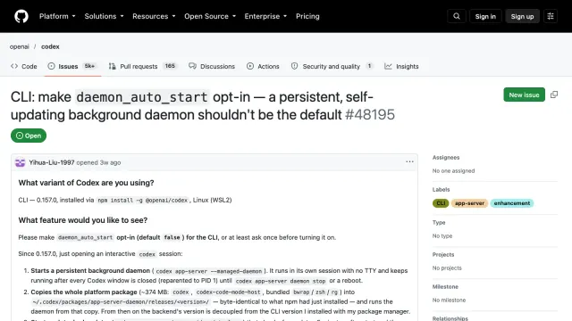 หน้า issue #48195 ใน repository openai/codex บน GitHub ขอให้ทำ daemon_auto_start ของ Codex CLI เป็นแบบเลือกเปิดเอง พร้อมรายการพฤติกรรมของ daemon ที่รันค้างและอัปเดตตัวเอง