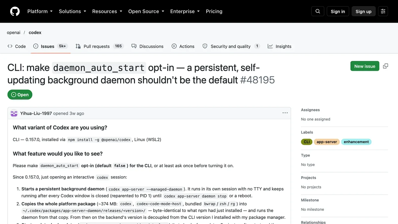หน้า issue #48195 ใน repository openai/codex บน GitHub ขอให้ทำ daemon_auto_start ของ Codex CLI เป็นแบบเลือกเปิดเอง พร้อมรายการพฤติกรรมของ daemon ที่รันค้างและอัปเดตตัวเอง