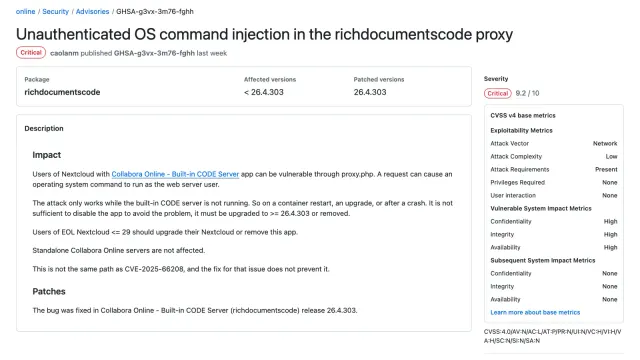 หน้าประกาศ GHSA-g3vx-3m76-fghh ของ Collabora Online บน GitHub เรื่อง Unauthenticated OS command injection in the richdocumentscode proxy ระดับ Critical 9.2 รุ่นที่ได้รับผลกระทบคือก่อน 26.4.303 และ CVE ID คือ CVE-2026-110447
