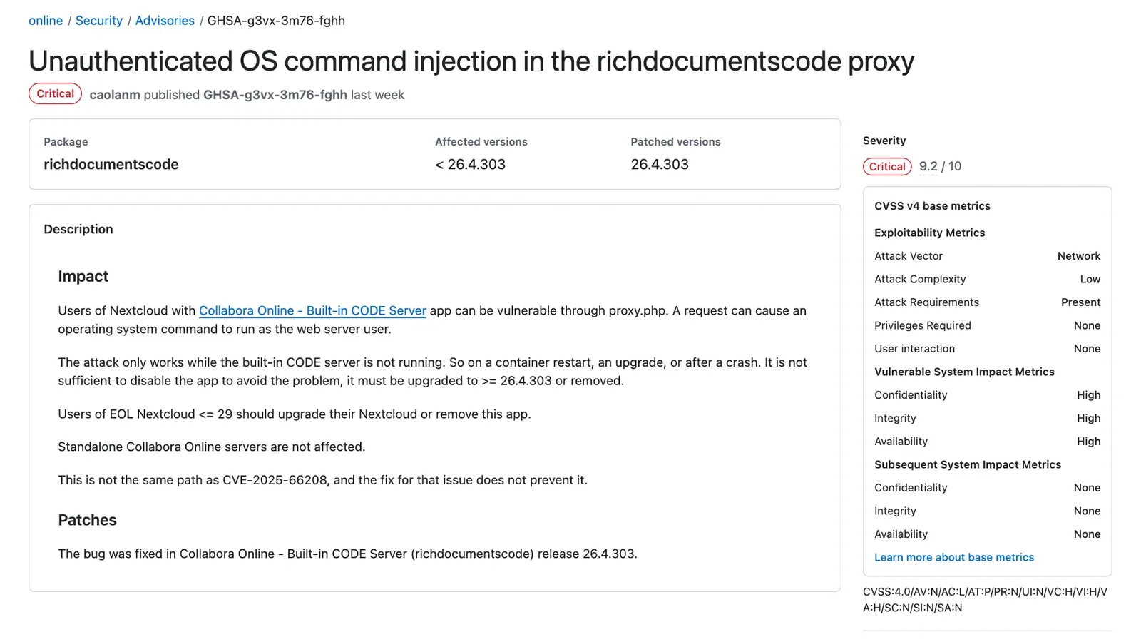 หน้าประกาศ GHSA-g3vx-3m76-fghh ของ Collabora Online บน GitHub เรื่อง Unauthenticated OS command injection in the richdocumentscode proxy ระดับ Critical 9.2 รุ่นที่ได้รับผลกระทบคือก่อน 26.4.303 และ CVE ID คือ CVE-2026-110447