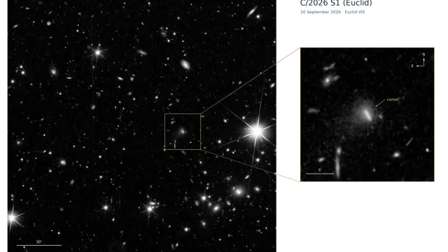 ภาพขาวดำจากกล้อง VIS ของ Euclid วันที่ 20 กันยายน 2026 ภาพมุมกว้างของท้องฟ้าใน Euclid Deep Field North (ซ้าย) และภาพขยาย (ขวา) ที่มีลูกศรชี้ดาวหาง C/2026 S1 (Euclid) ซึ่งปรากฏเป็นรอยลากล้อมด้วยกลุ่มฝุ่นฟุ้ง
