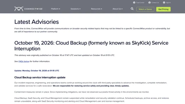 หน้า Trust Center ของ ConnectWise แสดงประกาศ ConnectWise Cloud Backup (ชื่อเดิม SkyKick) Service Interruption เผยแพร่ครั้งแรก 16 ต.ค. ภาพหน้าจอขณะที่อัปเดตล่าสุดคือ 19 ต.ค. 2026 เวลา 01:15 UTC