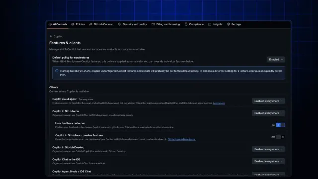 หน้า Features & clients ใน AI Controls ของ GitHub แสดงนโยบายค่าเริ่มต้น Copilot Default policy for new features ตั้งเป็น Enabled พร้อมแถบแจ้งว่าเริ่ม 22 ตุลาคม 2026