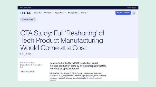 ภาพหน้าจอข่าวประชาสัมพันธ์ของ CTA วันที่ 6 ตุลาคม 2026 เรื่องผลศึกษา Reshoring การย้ายการผลิตสินค้าเทคโนโลยีกลับสหรัฐฯ