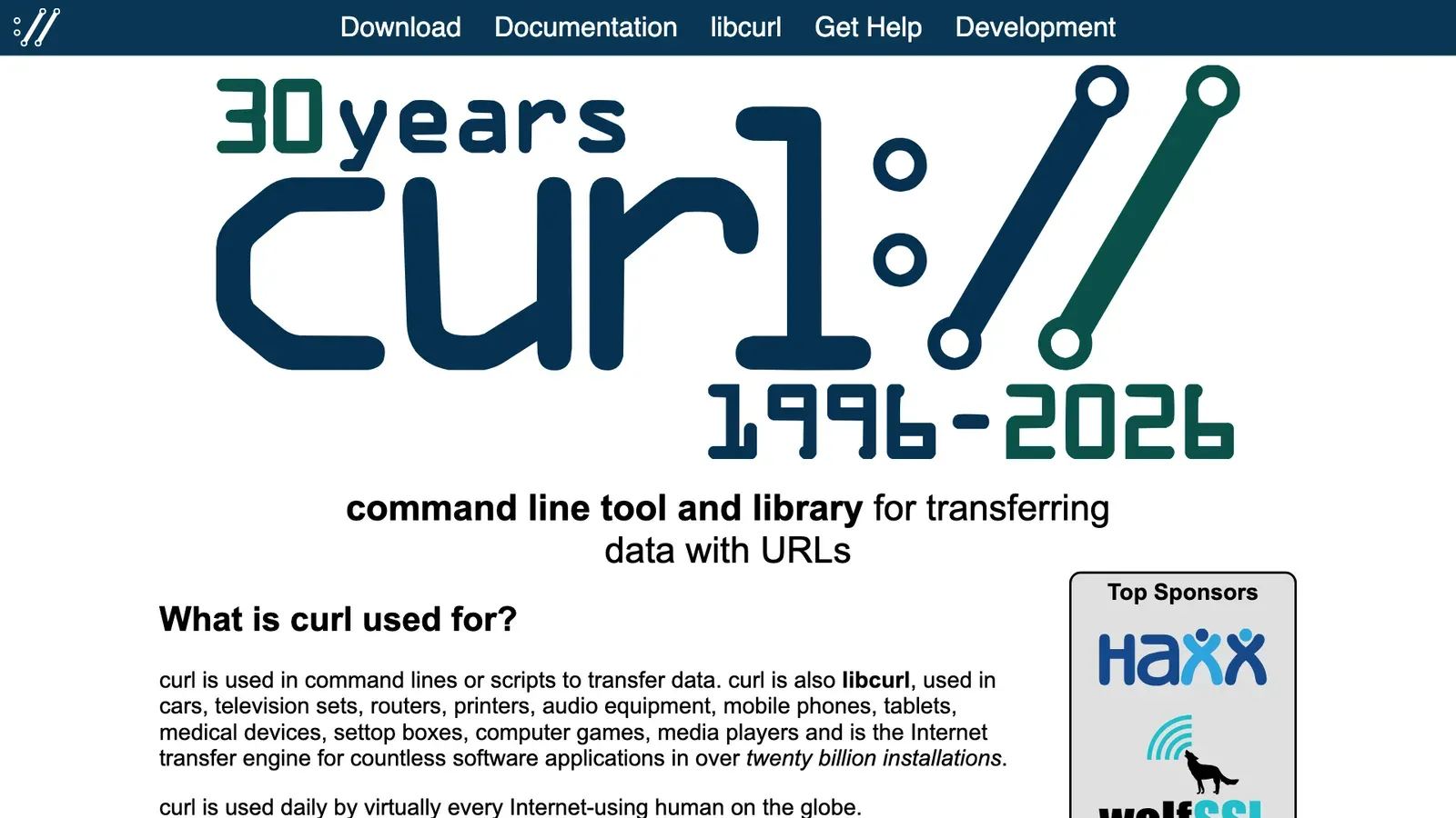 หน้าแรกเว็บไซต์ curl.se แสดงโลโก้ curl ครบ 30 ปี 1996–2026 และข้อความว่า curl อยู่ในการติดตั้งมากกว่า 2 หมื่นล้านชุด