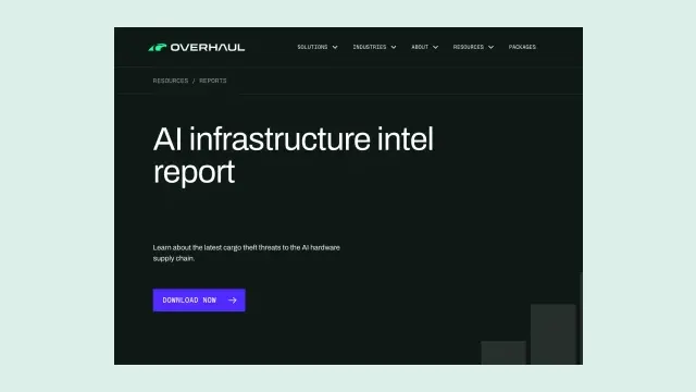 หน้ารายงาน AI infrastructure intel ของ Overhaul ที่ติดตามการขโมยอุปกรณ์ดาต้าเซ็นเตอร์และฮาร์ดแวร์ AI ระหว่างขนส่ง