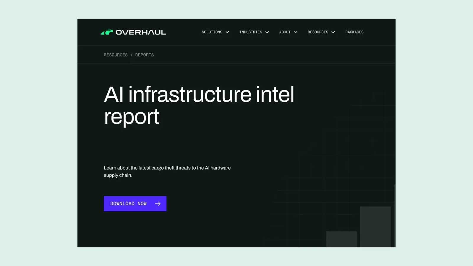หน้ารายงาน AI infrastructure intel ของ Overhaul ที่ติดตามการขโมยอุปกรณ์ดาต้าเซ็นเตอร์และฮาร์ดแวร์ AI ระหว่างขนส่ง