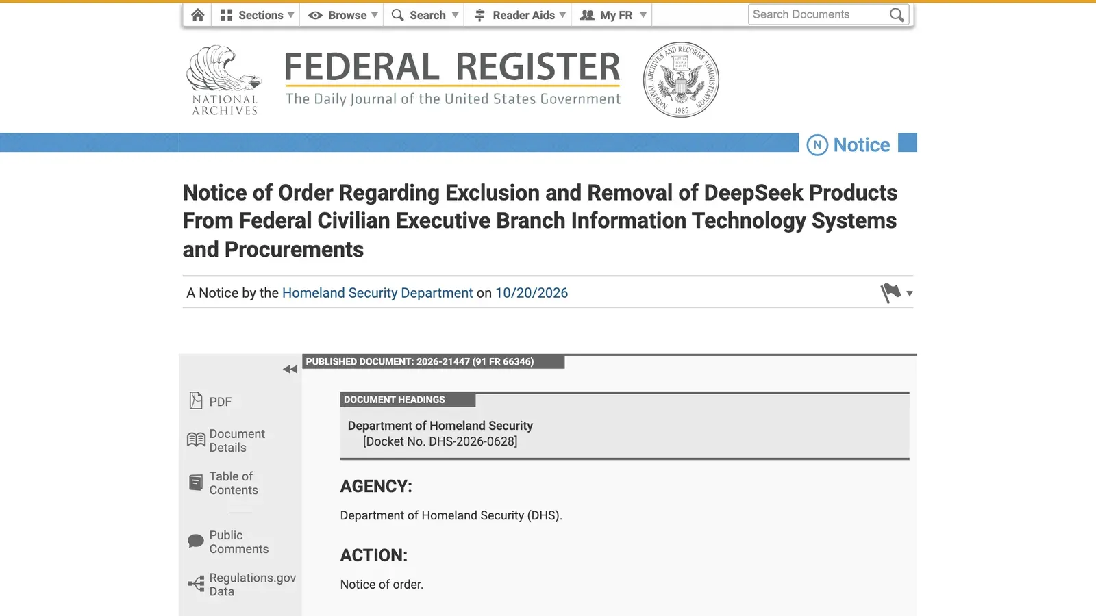 หน้าประกาศของ DHS ใน Federal Register วันที่ 20 ตุลาคม 2026 เรื่องคำสั่งแบน DeepSeek ห้ามจัดซื้อและให้ถอดผลิตภัณฑ์ออกจากระบบไอทีของหน่วยงานพลเรือนรัฐบาลกลางสหรัฐฯ
