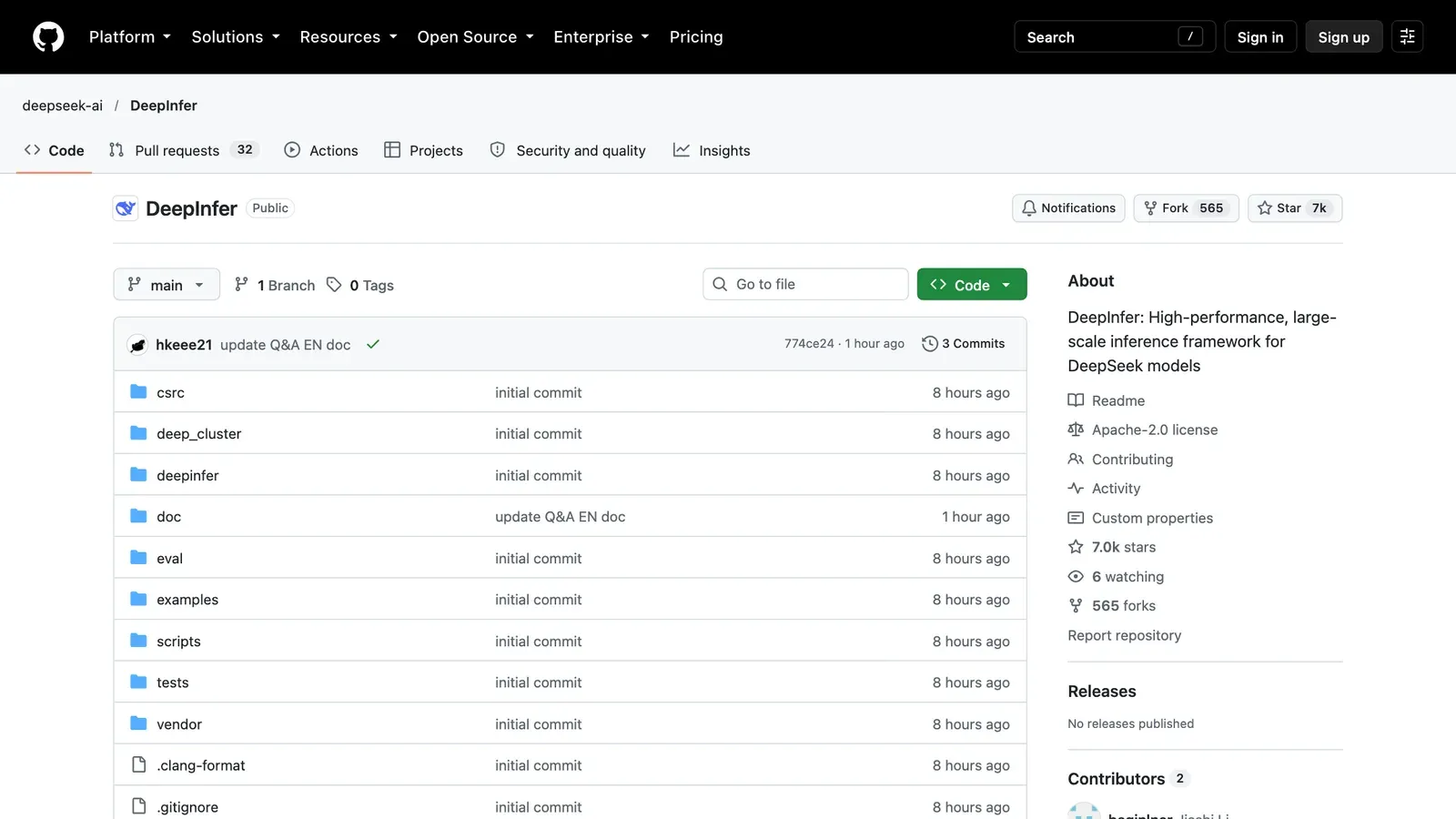 หน้า GitHub ของ DeepSeek DeepInfer ภายใต้บัญชี deepseek-ai แสดงสัญญาอนุญาต Apache-2.0 และคำอธิบายว่าเป็นเฟรมเวิร์กอนุมานขนาดใหญ่สำหรับโมเดล DeepSeek