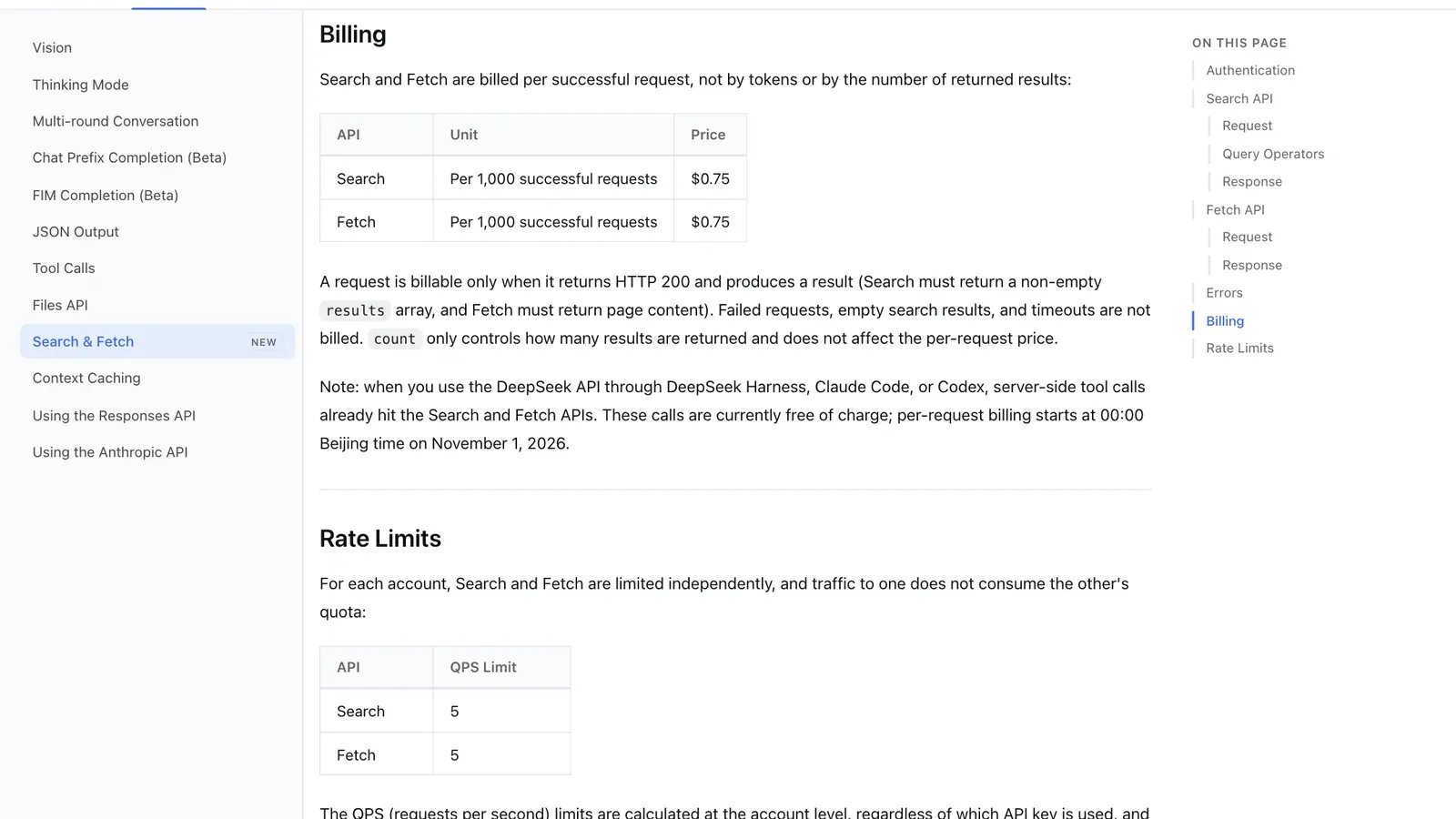 หน้าคู่มือ DeepSeek Search API ส่วน Billing แสดงราคา Search และ Fetch 0.75 ดอลลาร์ต่อ 1,000 คำขอที่สำเร็จ และหมายเหตุวันเริ่มคิดเงินผ่าน Claude Code กับ Codex