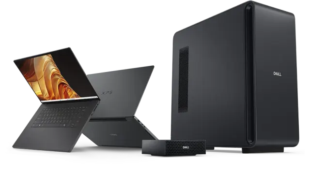 XPS 16 Creator Edition สองเครื่องวางคู่กับเดสก์ท็อปขนาดเล็กและเวิร์กสเตชันทาวเวอร์สีดำของ Dell