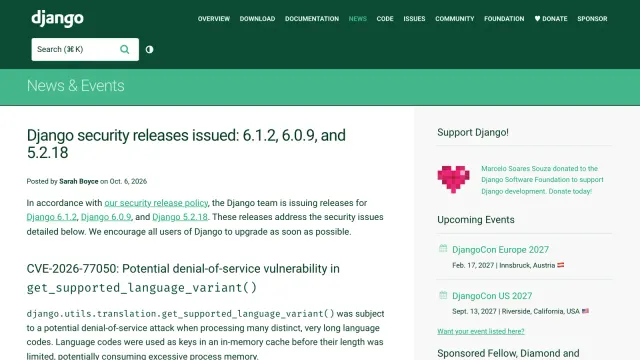 ภาพหน้าจอประกาศ Django security releases issued: 6.1.2, 6.0.9, and 5.2.18 โดย Sarah Boyce วันที่ 6 ตุลาคม 2026 บนเว็บไซต์ Django