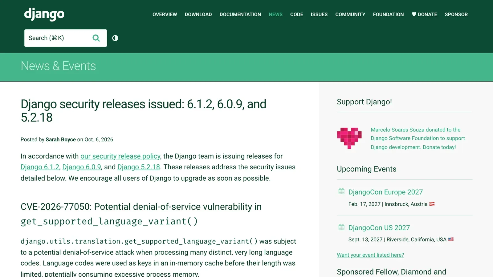 ภาพหน้าจอประกาศ Django security releases issued: 6.1.2, 6.0.9, and 5.2.18 โดย Sarah Boyce วันที่ 6 ตุลาคม 2026 บนเว็บไซต์ Django