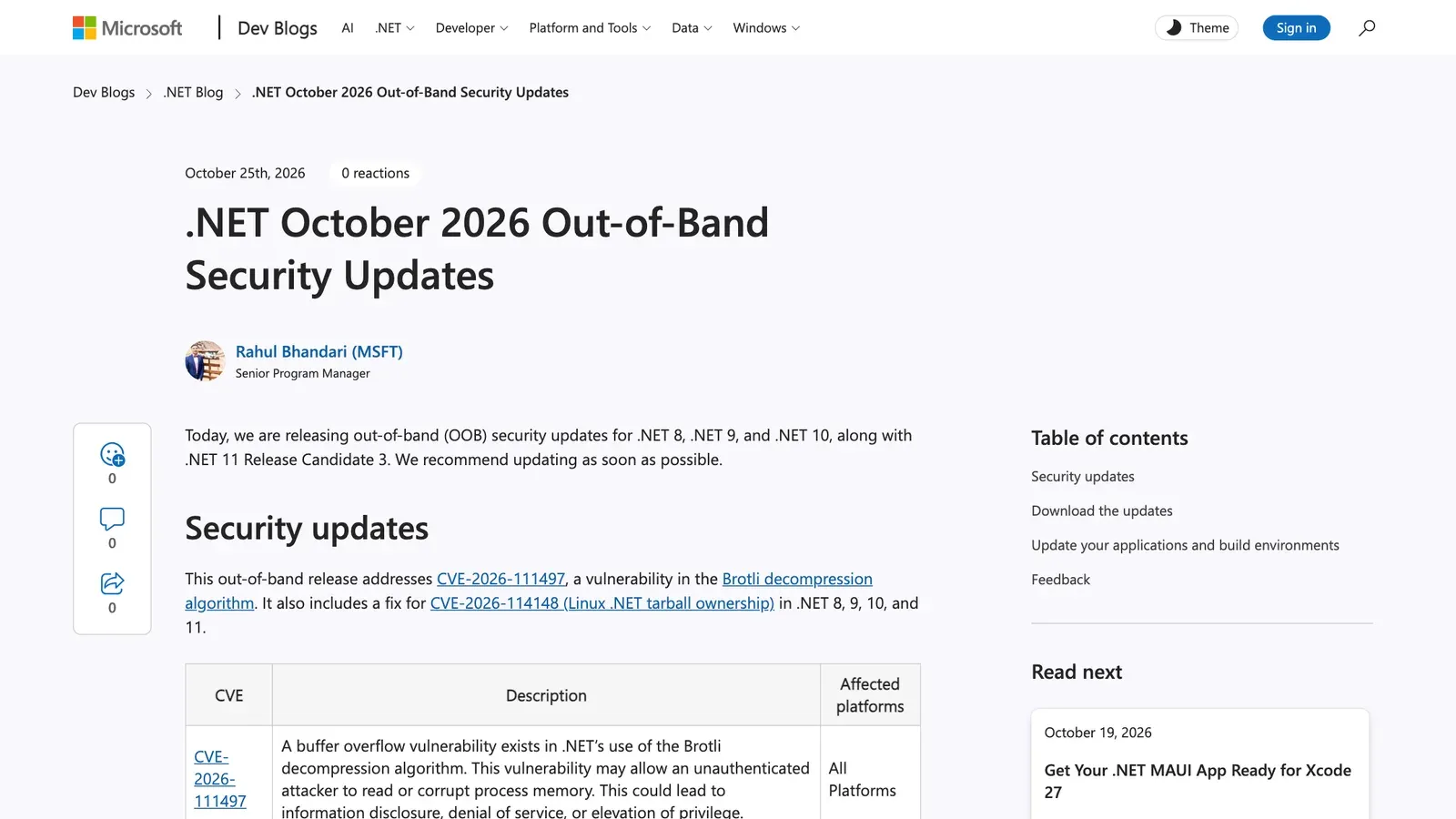 หน้าประกาศ .NET October 2026 Out-of-Band Security Updates ใน .NET Blog วันที่ 25 ตุลาคม 2026 ระบุว่าแพตช์ฉุกเฉิน .NET ปิด CVE-2026-111497 ช่องโหว่ Brotli และ CVE-2026-114148