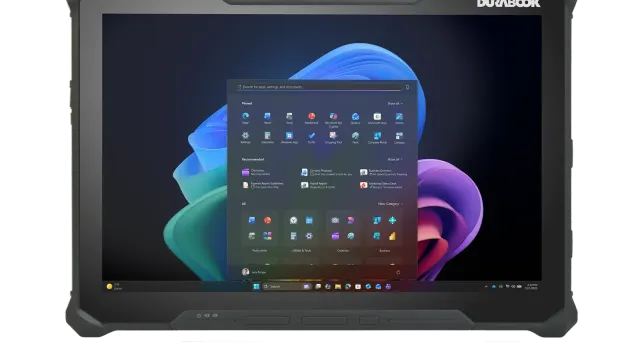ด้านหน้า Durabook R12 แท็บเล็ตทนทานจอ 12.2 นิ้ว ขอบยางสีดำ หน้าจอแสดง Windows 11