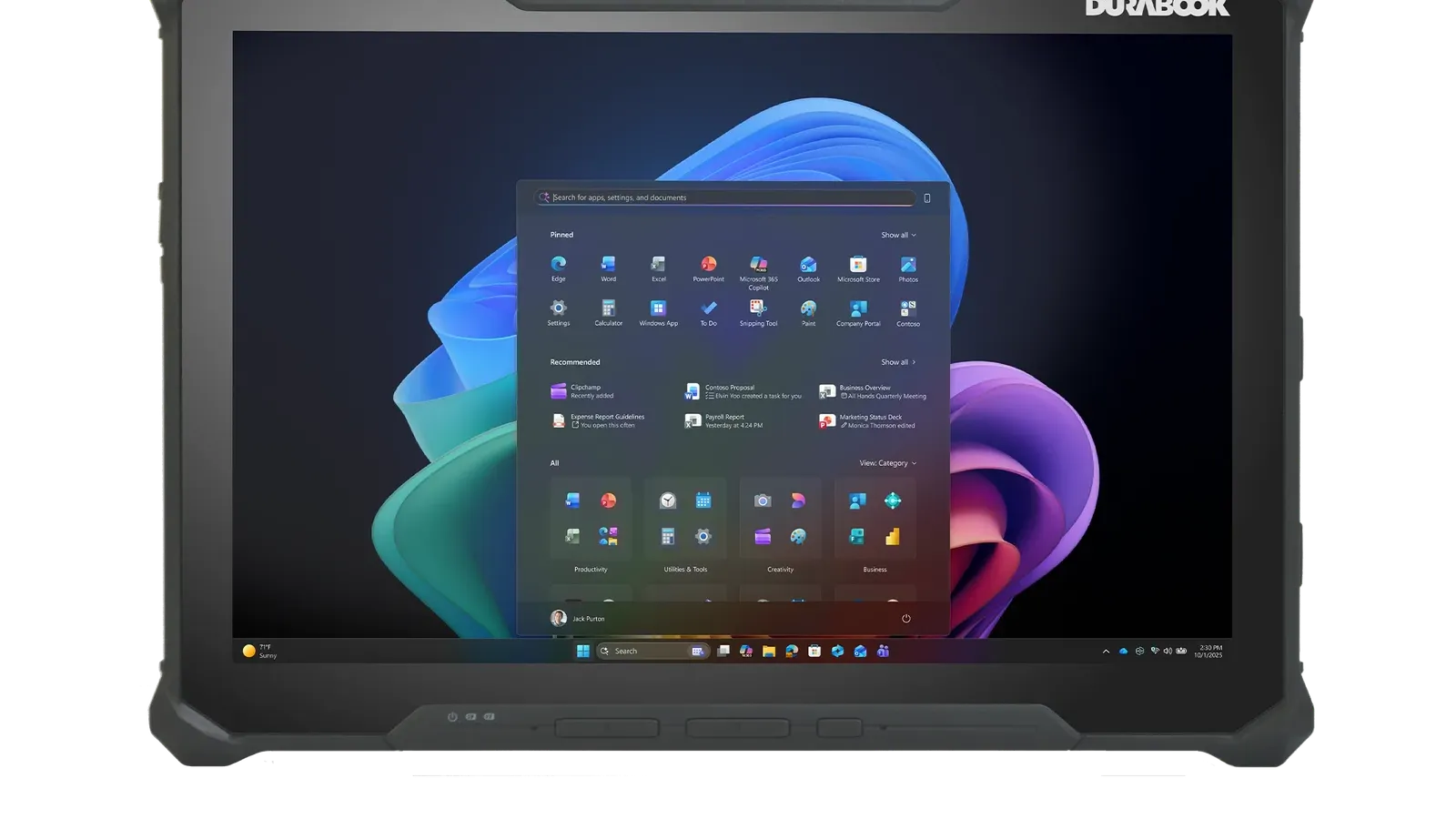 ด้านหน้า Durabook R12 แท็บเล็ตทนทานจอ 12.2 นิ้ว ขอบยางสีดำ หน้าจอแสดง Windows 11