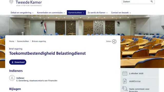 หน้าเว็บสภาผู้แทนราษฎรเนเธอร์แลนด์แสดงหนังสือ Toekomstbestendigheid Belastingdienst ลงวันที่ 5 ตุลาคม 2026 ที่แจ้งเลิกแผน Microsoft 365