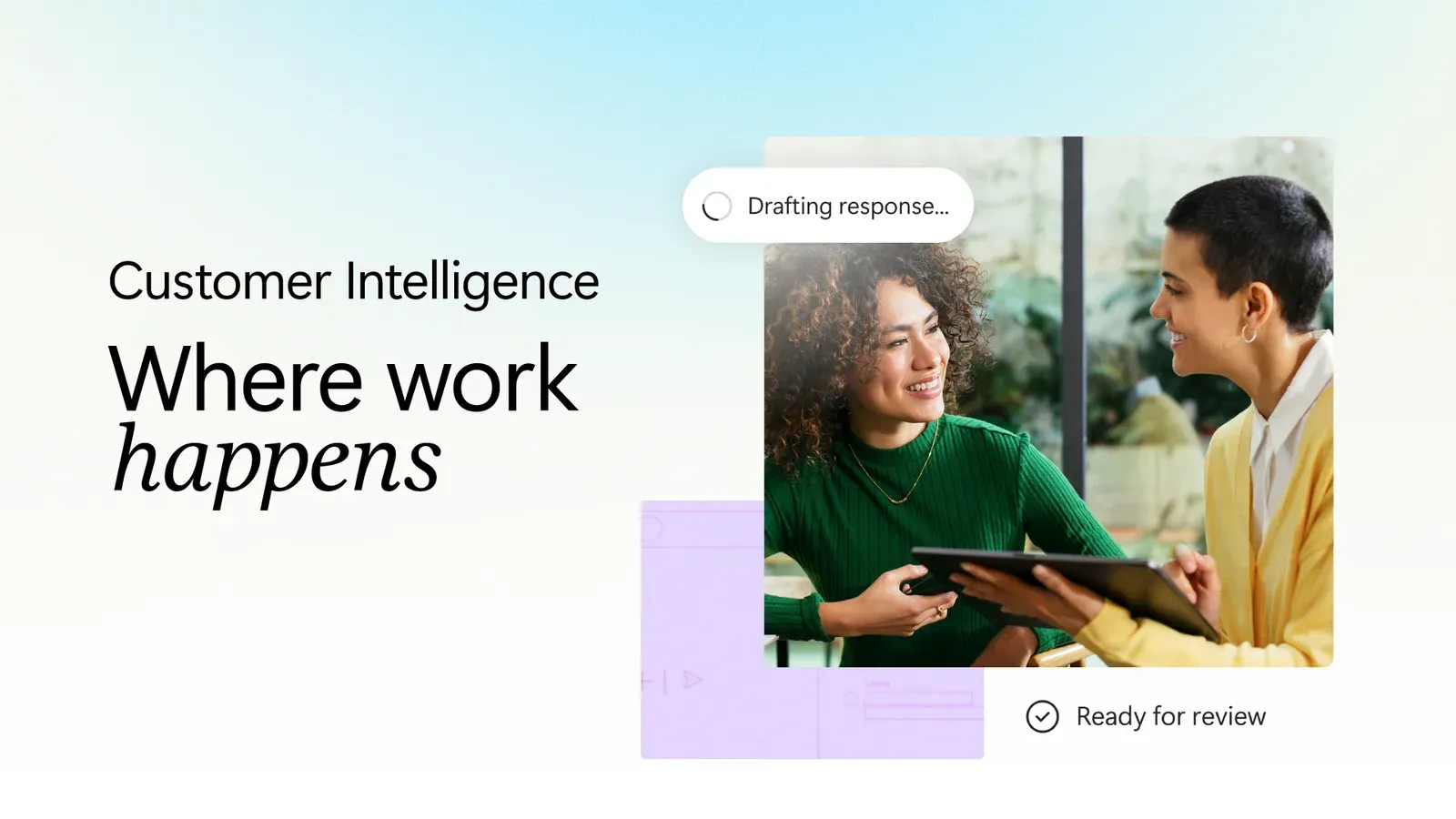 ภาพประกอบประกาศ Bringing CRM into the flow of work ของ Microsoft เรื่อง Dynamics 365 ใน Copilot และ Teams มีข้อความ Customer Intelligence Where work happens และภาพคนสองคนดูแท็บเล็ต
