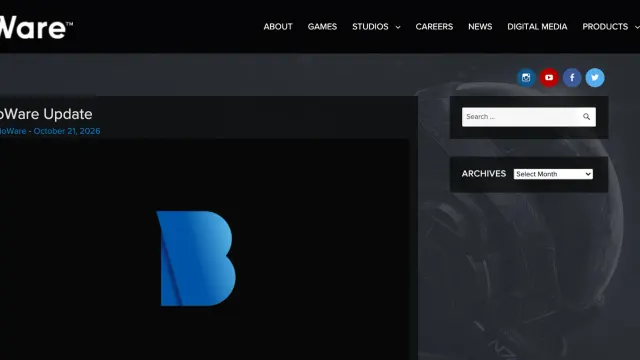 หน้า BioWare Update บนบล็อกของ BioWare ลงวันที่ 21 ตุลาคม 2026 ประกาศที่ยืนยันว่า EA ปิด BioWare พร้อมโลโก้ตัว B ของสตูดิโอ