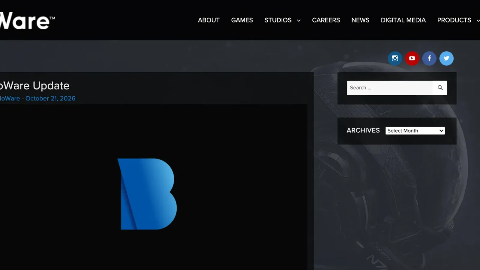 หน้า BioWare Update บนบล็อกของ BioWare ลงวันที่ 21 ตุลาคม 2026 ประกาศที่ยืนยันว่า EA ปิด BioWare พร้อมโลโก้ตัว B ของสตูดิโอ