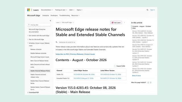 หน้า release notes ของ Microsoft Edge บน Microsoft Learn แสดง Edge 155 รุ่น 155.0.4283.45 วันที่ 8 ต.ค. 2026 และ 155.0.4283.62 วันที่ 16 ต.ค. 2026
