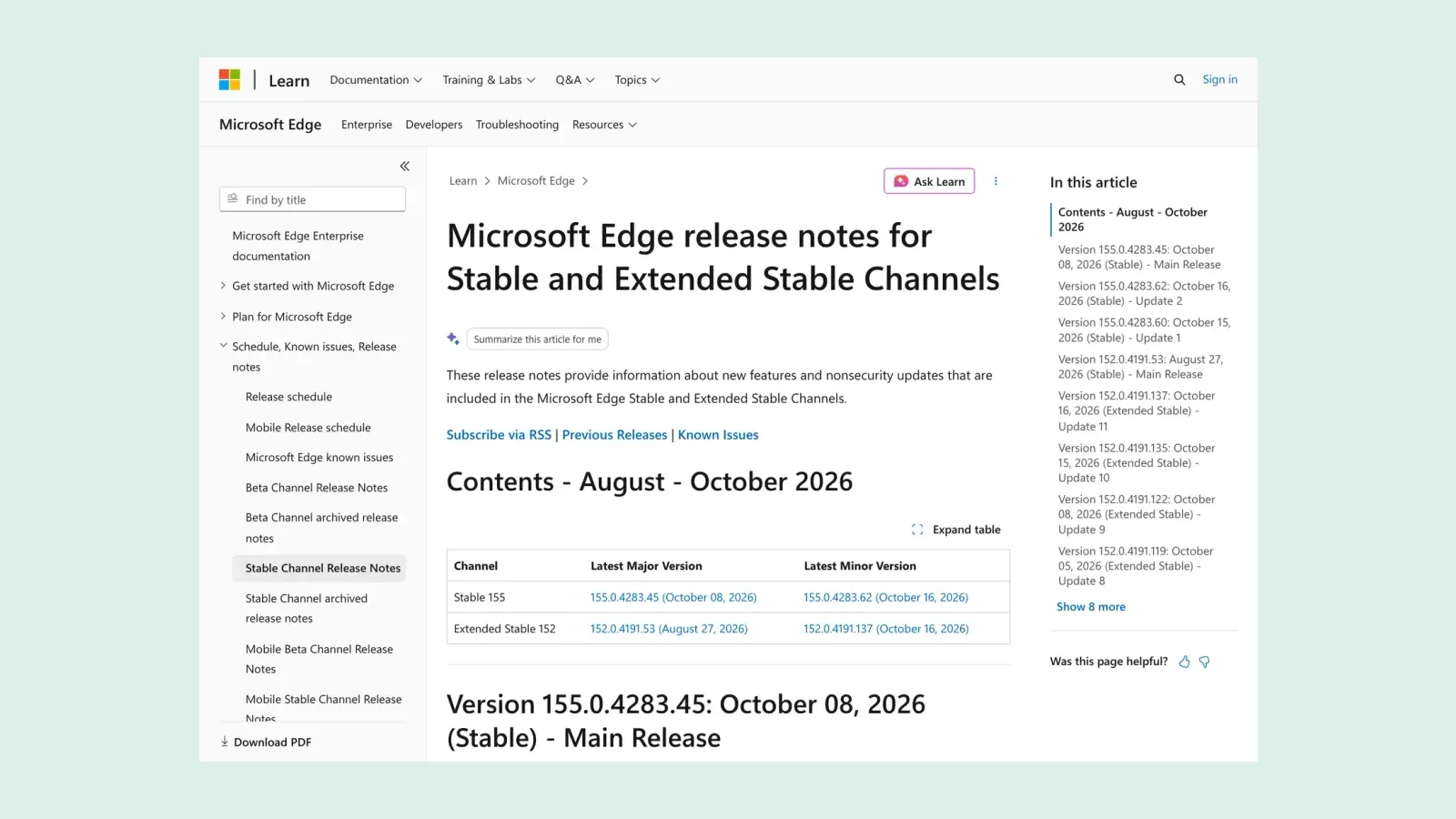 หน้า release notes ของ Microsoft Edge บน Microsoft Learn แสดง Edge 155 รุ่น 155.0.4283.45 วันที่ 8 ต.ค. 2026 และ 155.0.4283.62 วันที่ 16 ต.ค. 2026